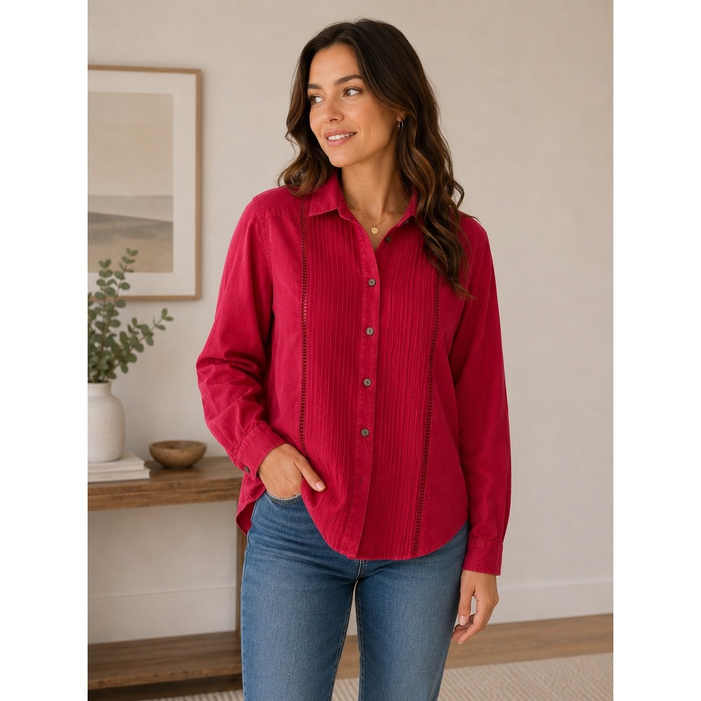 Vintage 90s Gitano Button Down Shirt Womens Medium‎ Red Pleated Pintuck  FLAW